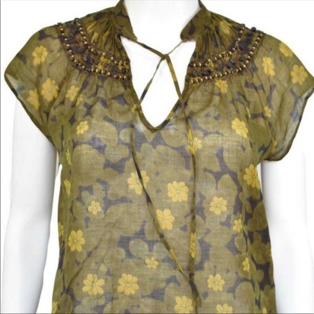 Theory Beaded Green Floral Print Cotton Blouse
